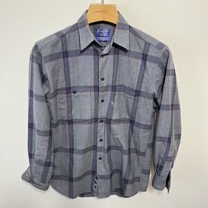Vintage Pendleton Flannel Shirt Men's Size Small Gray Blue Plaid Wool Button Up